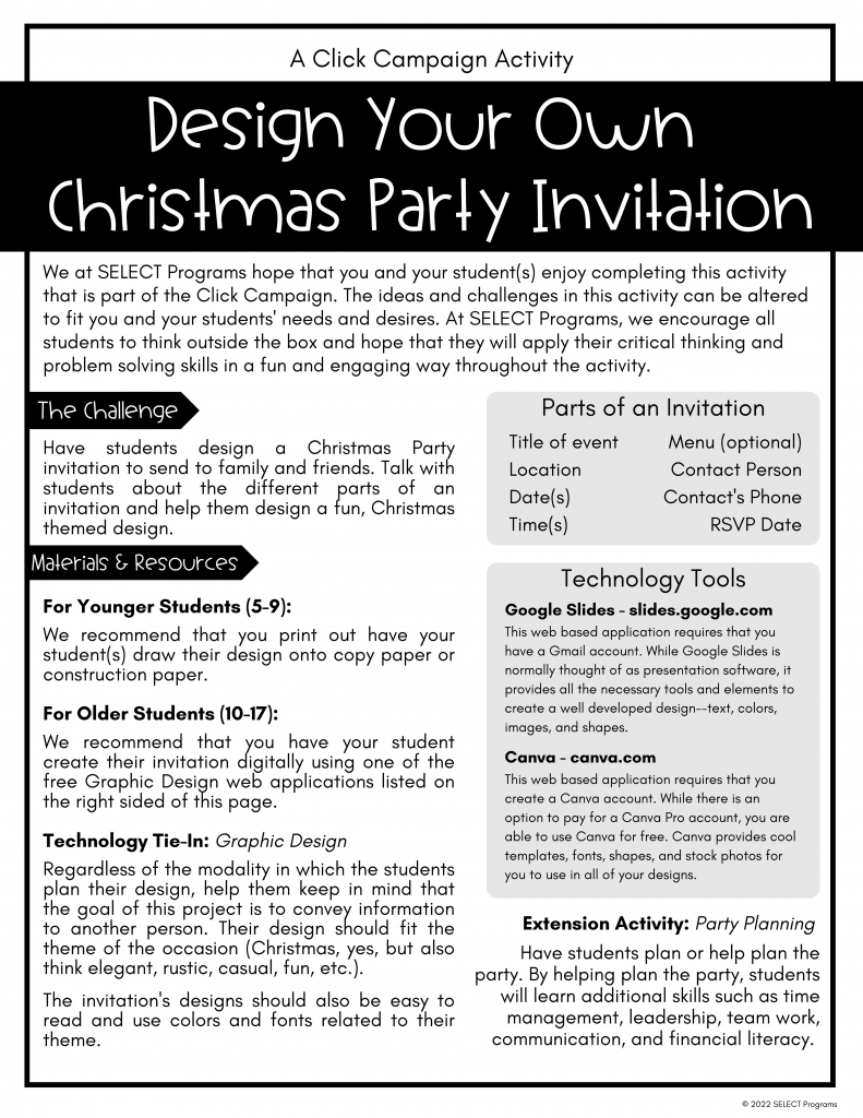 Design Your Own Christmas Party Invitation Activity (Plus an Extension