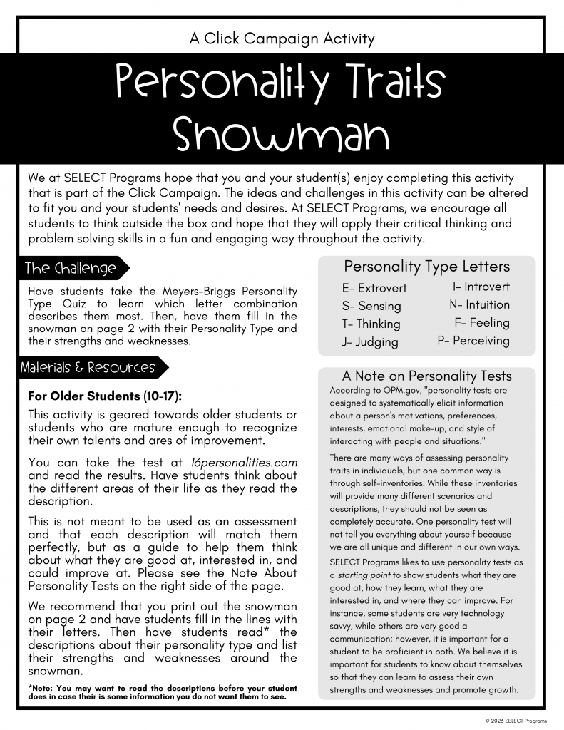 Personality Traits Snowman SELECT Programs Inc Personality Traits Snowman SELECT Programs Inc